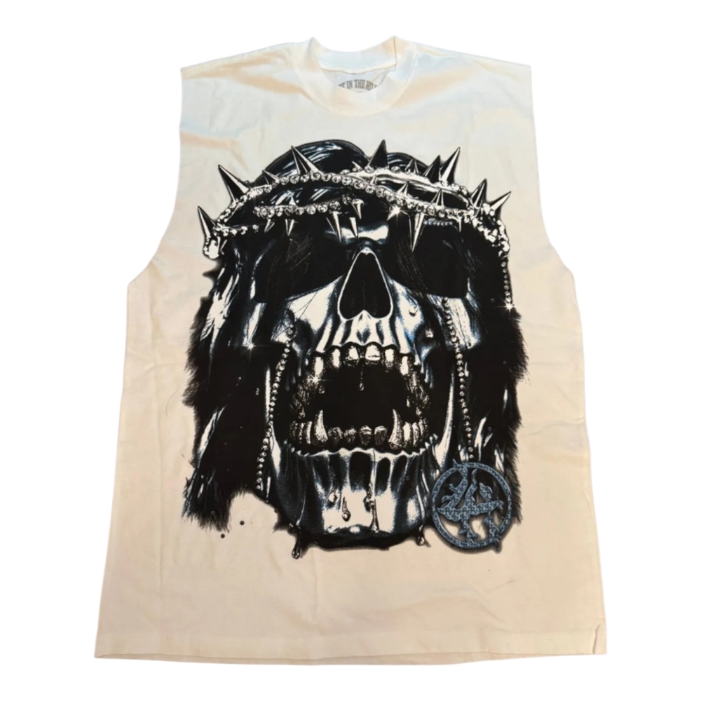 Lost In The Hills Graphic Skull Muscle Tee with Spike Crown - White XL